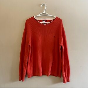 Vintage 90s Tommy Hilfiger Orange Ribbed V-Neck Sweater w White Trim